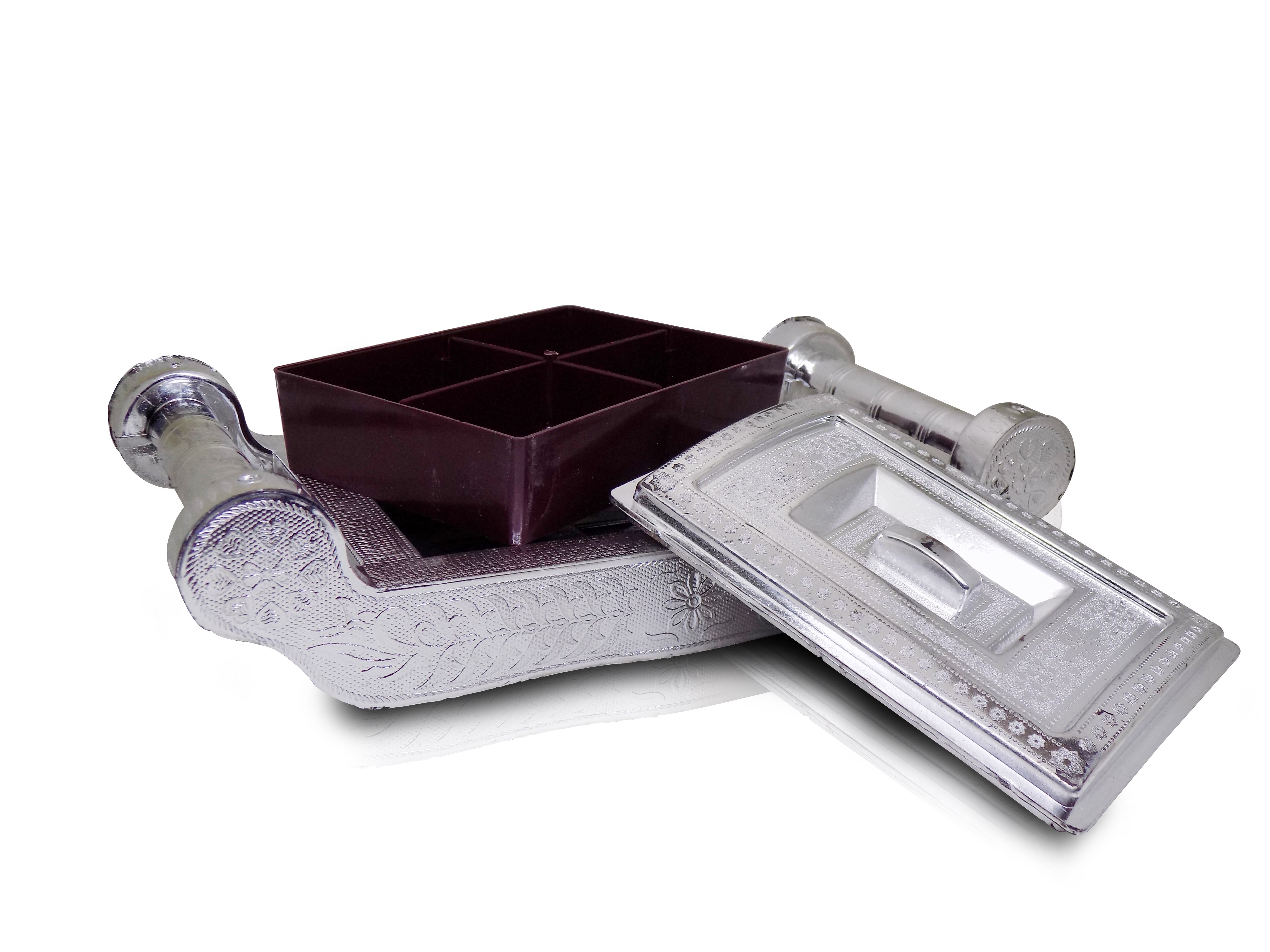 Decorative silver storage box with four sections for organizing. Decorative silver storage box with four sections for organizing.